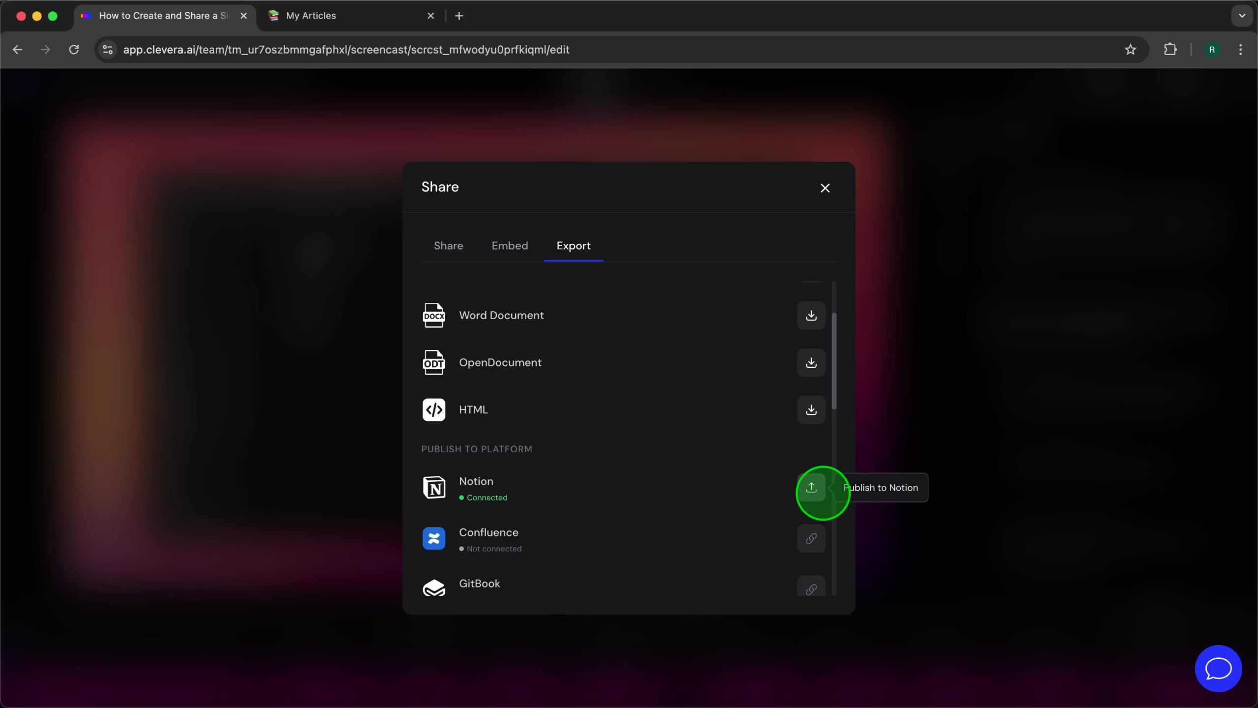 Notion entry in the Publish to Platform section with the Publish to Notion icon highlighted